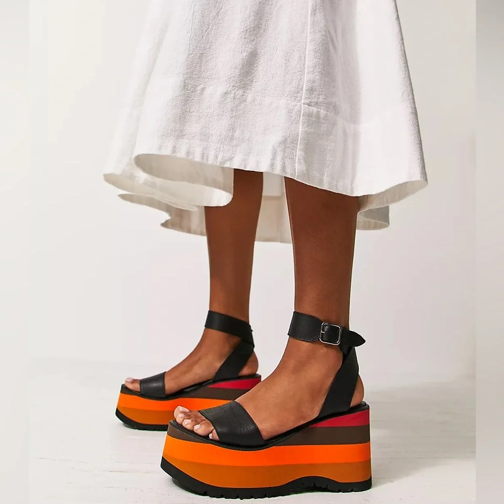Free People Parris Wedge Sandals - Black Leather Platform